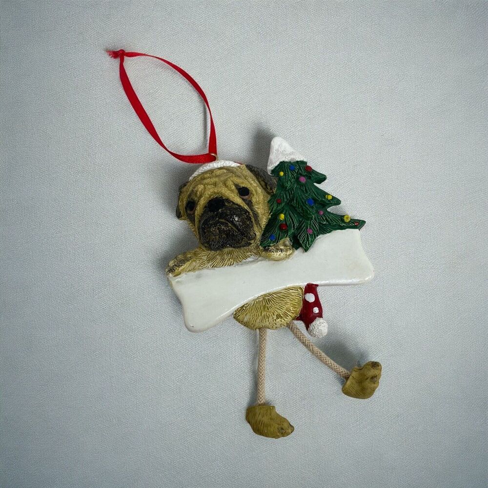Pug Ornament with Dangling Legs Hand Painted and Easily Personalized Christmas